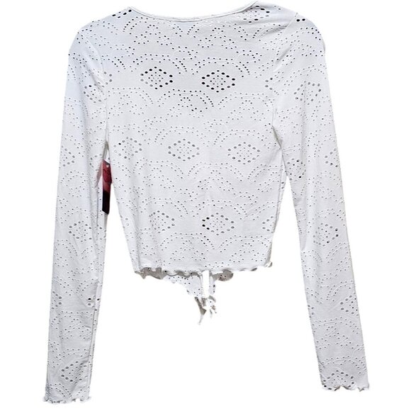 Haley & June White Cropped Long-Sleeve Eyelet Top W/ Ruched Drawstring Front Med - Picture 2 of 7